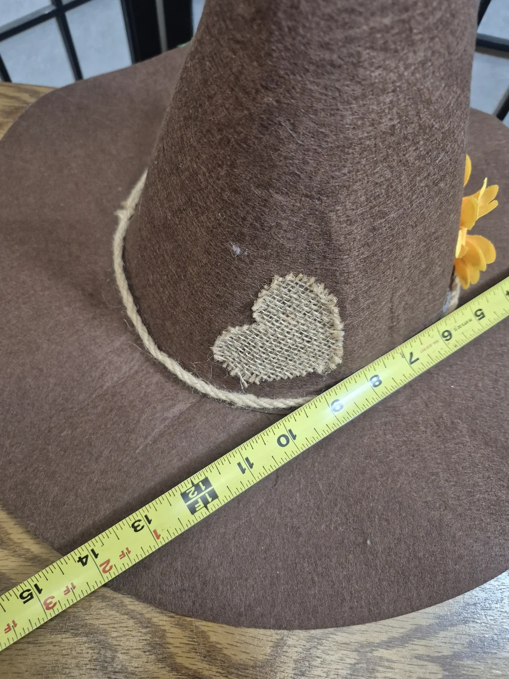 Handmade Brown Felt Witch Hat with Yellow Flower
